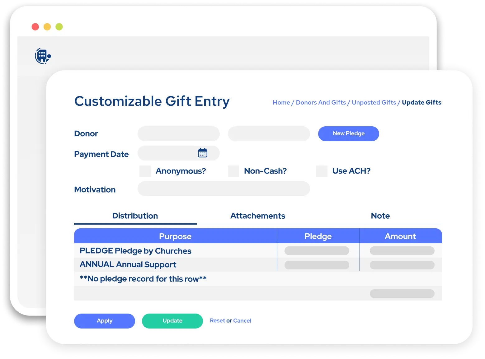 Dashboard showing Customizable Gift Entry